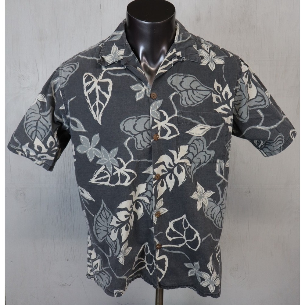 Mens Go Barefoot Hawaiian Shirt Button Front Size L Floral Gray Cotton USA‎ Made